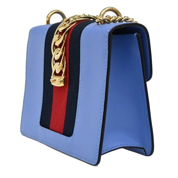 GUCCI Logo Sylvie Chain Mini Shoulder Bag Leather Blue GHW Italy 93RF525 - Picture 14 of 16